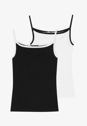 Deux camisoles : une noire et une blanche. Toutes deux avec des bretelles fines et un bord contrasté au niveau de l'encolure. Fabriquées en un tissu lisse et extensible.