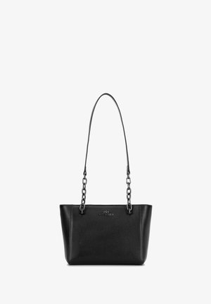 Borsa tote nera in pelle con una finitura texturizzata, dotata di una tracolla a catena e di un logo impresso sul davanti, forma rettangolare.