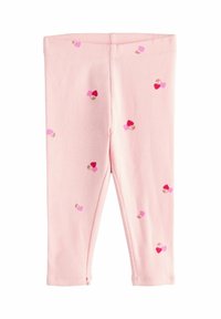 Leggings rosa a coste con piccoli cuori rossi e rosa sparsi. Vita elastica per il comfort. Tessuto morbido ed elasticizzato.