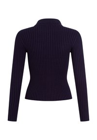 Gestreiftes dunkelblaues Sweatshirt mit langen Ärmeln und Kragen, mit einer figurbetonten Silhouette und glatter Textur, die ein schlankes Design betont.