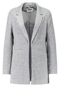 Szary żakiet wykonany z teksturowanej tkaniny, z klapami, z jednolitym zapięciem na guzik i dwoma przednimi kieszeniami. Wnętrze wykończone jest gładką, szaro-srebrną podszewką.