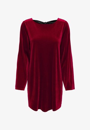 Sarkana samta kleita ar garām piedurknēm un laivu formas dekoltē. Ar melnu oderi un atslēgvienas aizmuguri ar mazu aizdari.