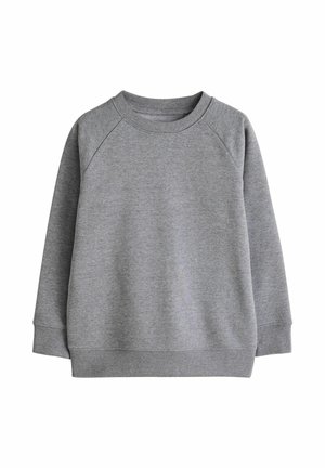 Plain grå langærmet sweatshirt med rund halsudskæring og ribstrikkede manchetter og kant, vist på hvid baggrund.