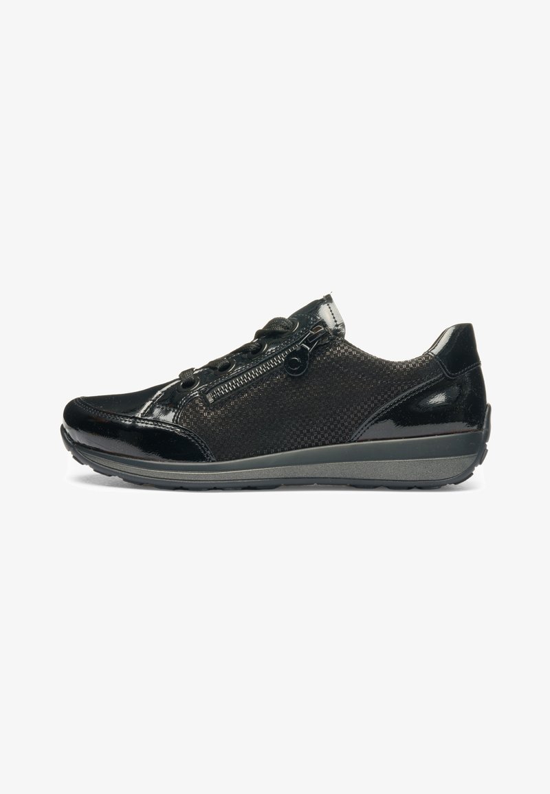 Black low-top sneaker with textured fabric, patent leather accents, side zipper, and lace-up front on gray sole.