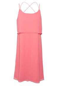 Rosa ärmelloses Kleid mit schichtweise gestaltetem Design, leichtem Stoff und überkreuzten Trägern auf der Rückseite. Glatte Textur, knie-langer Schnitt.