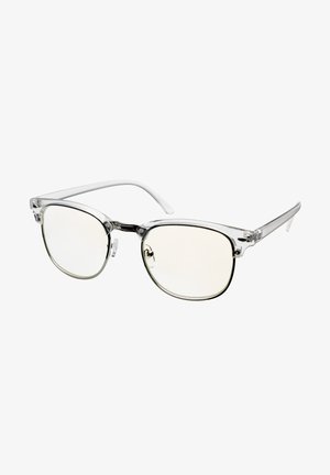 Gafas de acetato transparentes con lentes ovalados, sutiles acentos plateados y patillas delgadas. Los lentes son de color claro y ligeramente tintados.