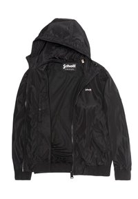 Veste légère noire à capuche avec fermeture éclair devant, doublure intérieure en mesh, poches latérales et logo Schott sur la poitrine et à l’intérieur du col.