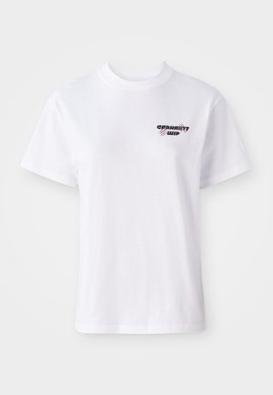 White short-sleeve crewneck t-shirt with small black and purple Carhartt WIP logo on the left chest.