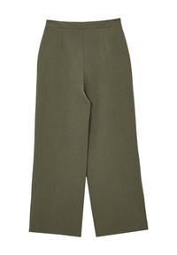 Pantaloni larghi verde oliva con una texture liscia, caratterizzati da vita alta e pieghe sul davanti. Nessun hardware o motivo visibile.