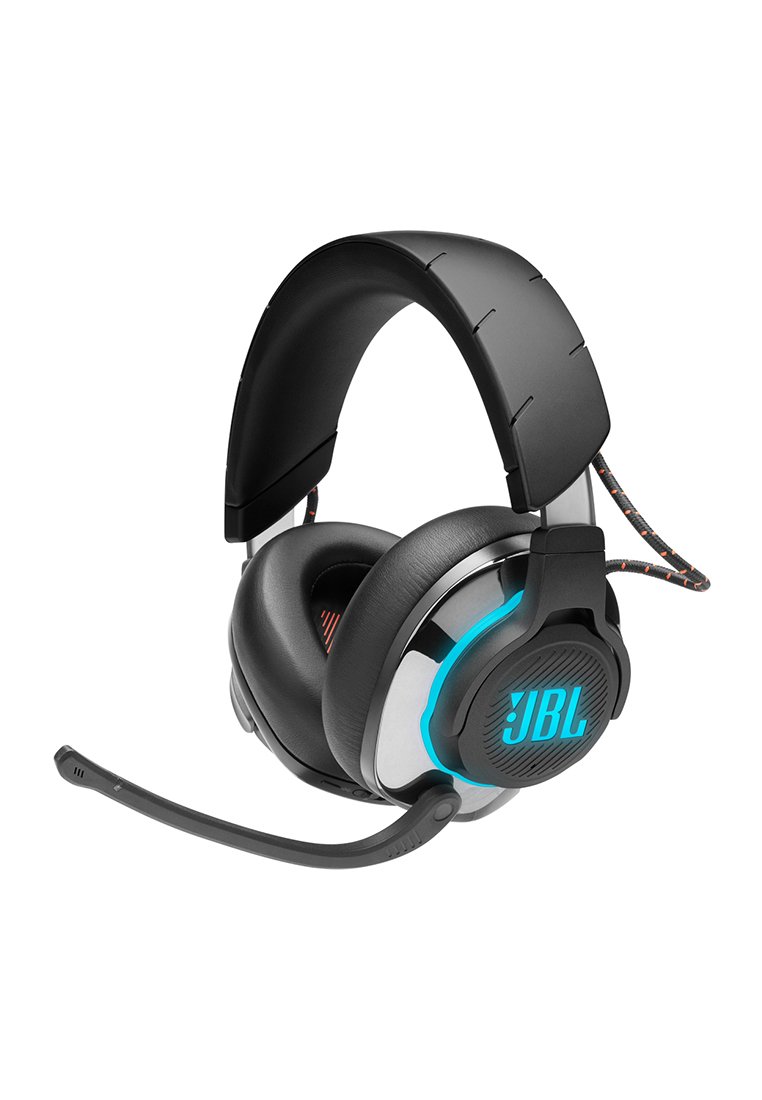 Cuffie da gaming JBL nere over-ear con archetto imbottito, logo JBL illuminato e braccio del microfono regolabile attaccato.