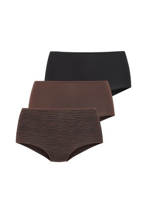 Drei Teile Damenunterwäsche: schwarz, einfarbig dunkelbraun und braun mit Zebramuster. Glatte Textur und elastischer Bund.