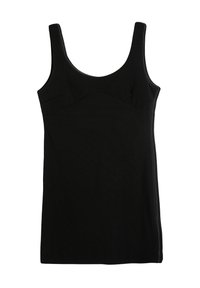 Schwarzes ärmelloses Kleid aus glattem Stoff mit einem taillierten Oberteil, gewölbter Naht und geradem Saum. Einfaches Design ohne Verzierungen.