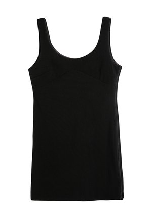 Schwarzes ärmelloses Kleid aus glattem Stoff mit einem taillierten Oberteil, gewölbter Naht und geradem Saum. Einfaches Design ohne Verzierungen.