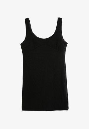 Schwarzes ärmelloses Kleid aus glattem Stoff mit einem taillierten Oberteil, gewölbter Naht und geradem Saum. Einfaches Design ohne Verzierungen.