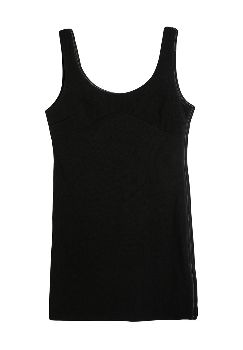 Schwarzes ärmelloses Kleid aus glattem Stoff mit einem taillierten Oberteil, gewölbter Naht und geradem Saum. Einfaches Design ohne Verzierungen.