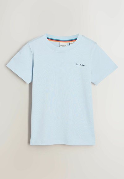 Hellblaues T-Shirt mit kurzen Ärmeln aus weicher Baumwolle. Verfügt über einen Rundhalsausschnitt und ein gesticktes "Paul Smith"-Logo auf der linken Brust.