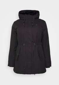 Veste isolante noire avec capuche, taille cintrée, cordons de serrage, fermeture éclair à l'avant et poches latérales ; tissu texturé pour la chaleur.