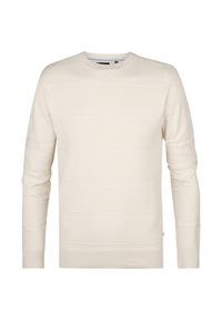 Light beige sweater with a textured stripe pattern, round neckline, and long sleeves. Made of soft fabric, featuring ribbed cuffs and hem.