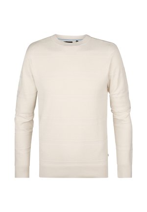 Maglione beige chiaro con un motivo a righe testurizzato, scollo rotondo e maniche lunghe. Realizzato in tessuto morbido, con polsini e orlo a coste.