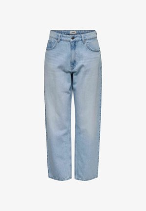 Vaaleansiniset farkut, joissa on rento istuvuus, suora lahje, viisi taskua ja napitus vyötäröllä. Suuri tekstuuri.