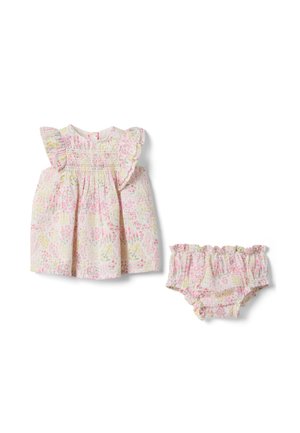 Vestido de bebé sin mangas con hombros fruncidos y bombachos a juego, ambos con un estampado floral en tonos pastel en rosa, amarillo y verde.