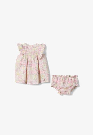 Vestido de bebé sin mangas con hombros fruncidos y bombachos a juego, ambos con un estampado floral en tonos pastel en rosa, amarillo y verde.