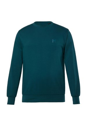 Blågrøn sweatshirt med rund halsudskæring, lange ærmer og ribbet kant rundt ved ærmerne. Har et diskret "M" logo på brystet i en matchende nuance.