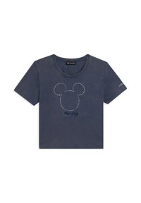 Camiseta recortada de color azul marino con contorno de rhinestones de la cabeza de Mickey Mouse y el texto "Mickey" debajo en el centro frontal.