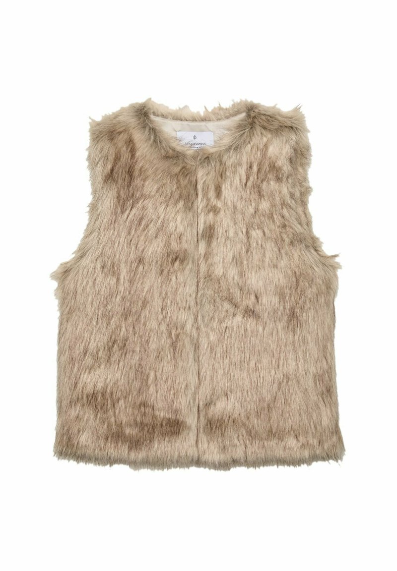 Gilet en fausse fourrure de couleur beige clair, sans manches, avec un tissu doux et texturé et une fermeture centrale à l'avant. Pas de motifs supplémentaires.