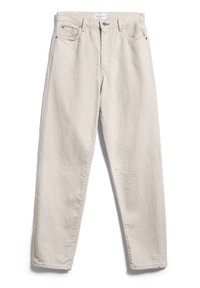 Jeans de mezclilla color beige claro con corte recto. Presenta cinco bolsillos, cremallera y un acabado texturizado sutil. Incluye presillas para el cinturón estándar.