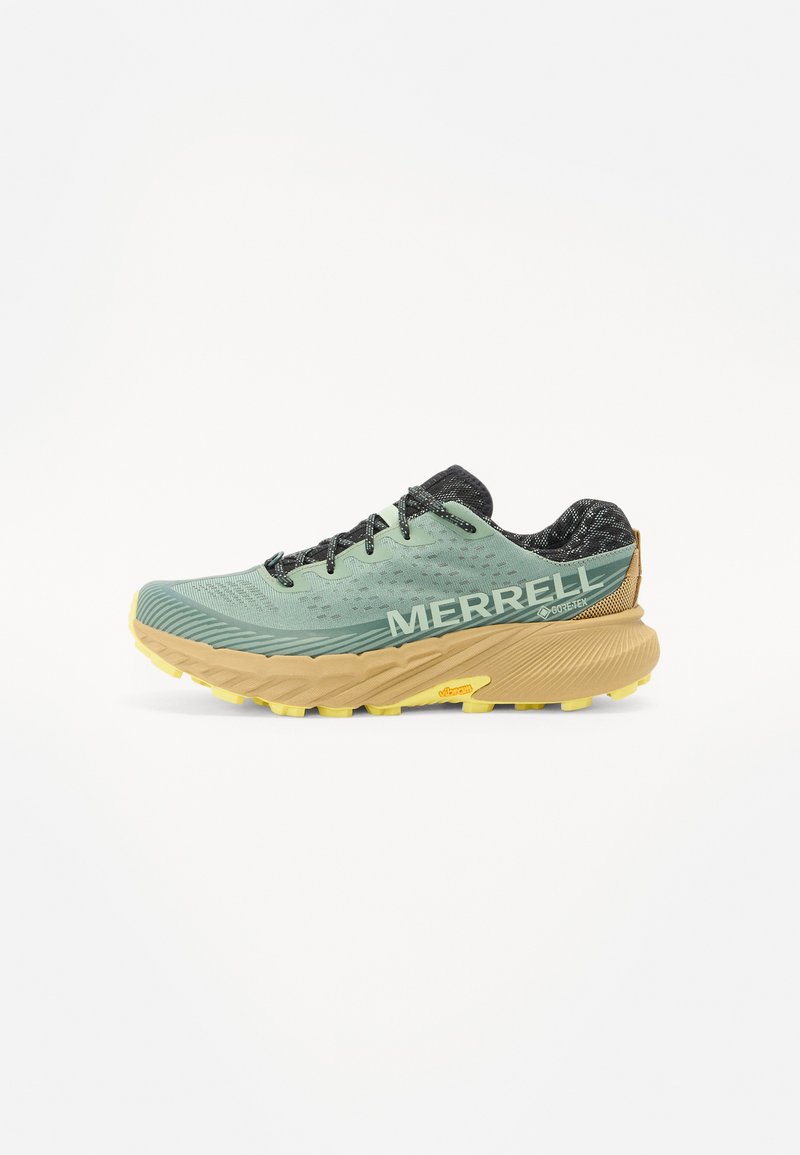 Trail running shoe in light green and black, featuring a textured upper, cushioned sole, grooved yellow outsole, and Merrell branding.