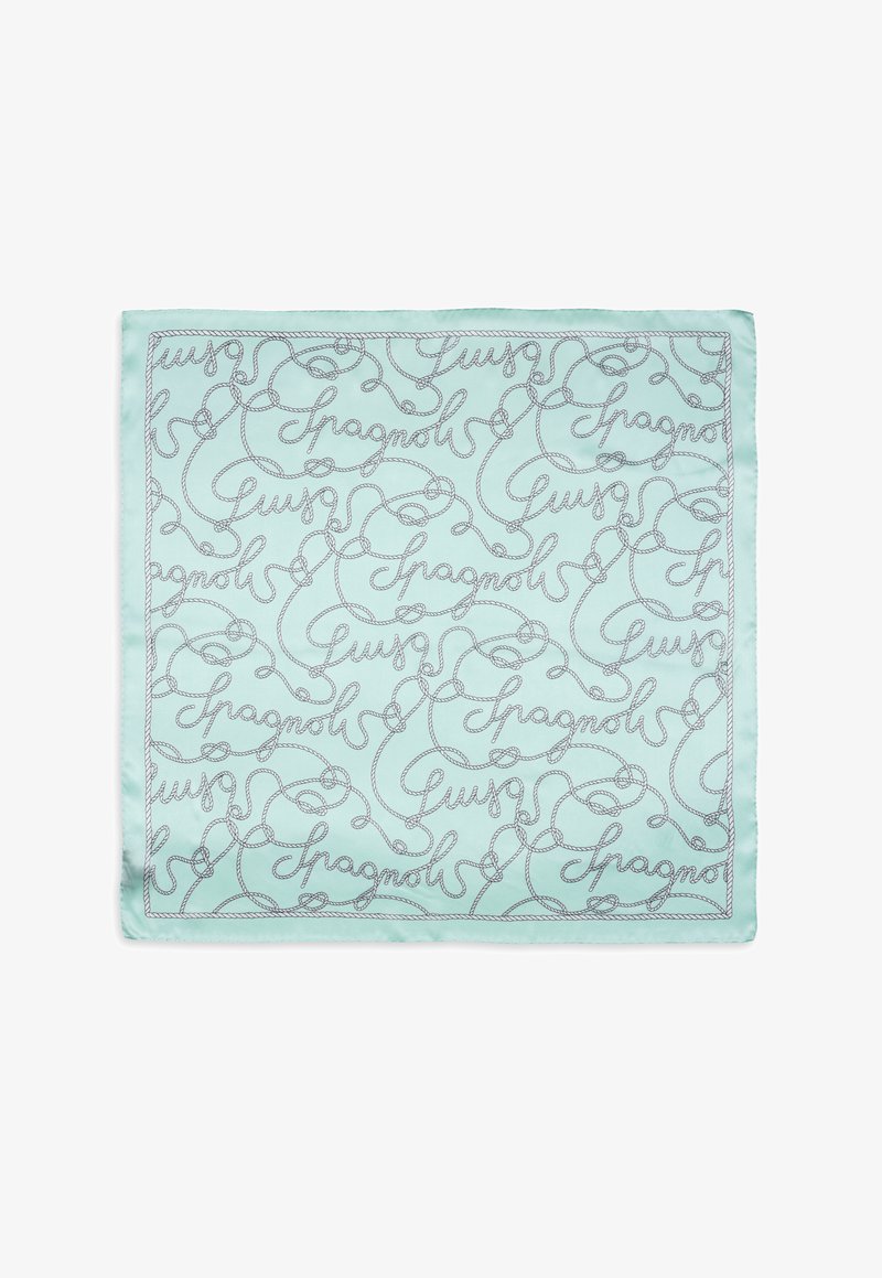 Silke tørklæde i mintgrøn med et gentaget reppemønster og ordet "Gucci" i kursiv skrifttype. Kantet med en kontrastfarvet kant.