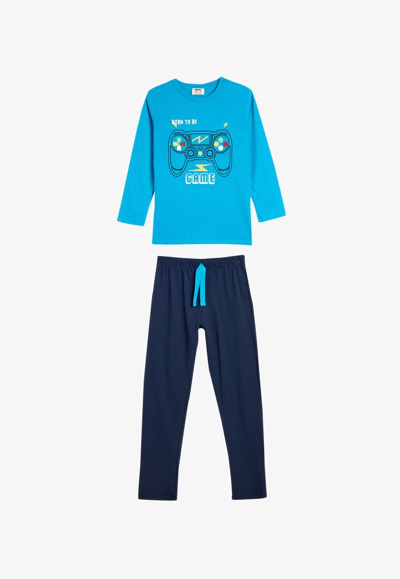 Blue long-sleeve shirt with game controller graphic and text, paired with navy elastic-waist pants. Cotton, casual fit.