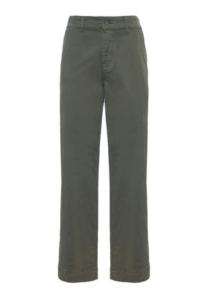Pantaloni verde oliva a gamba larga realizzati in cotone leggero, con chiusura a bottoni e un taglio classico dritto con cuciture semplici.