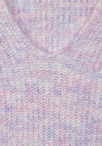 Knitted sweater with a soft texture, featuring a pastel blend of pink and lavender shades. The design includes a scooped neckline and loose stitches.