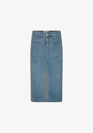 Šviesiai mėlynas džinsinis pieštuku rezultatas su priekinėje pusėje plyšiu, dviem užpakalinėmis kišenėmis ir juosmeniu, kuriame yra mygtukas ir užtrauktukas.