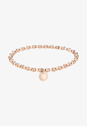 Bracciale elastico in oro rosa realizzato con sfere di perline, caratterizzato da un ciondolo tondo con il nome del marchio inciso "LIEBESKIND". Texture liscia.