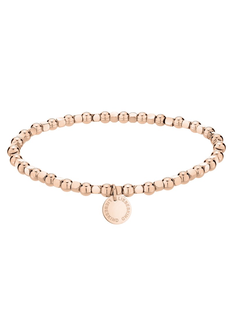 Roze gouden elastische armband gemaakt van sferische kralen, met een ronde charm met de gegraveerde merknaam "LIEBESKIND." Gladde textuur.