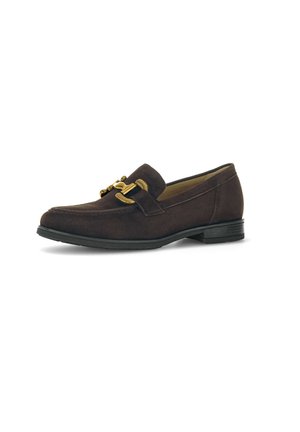 Brown suede loafer with a rounded toe, featuring a gold-tone metal chain accent across the vamp and a low black rubber heel.