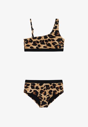 Leopard-Print-Bikiniset mit asymmetrischem One-Shoulder-Oberteil und passenden hochtaillierten Hosen, schwarzer Besatz an den Kanten.