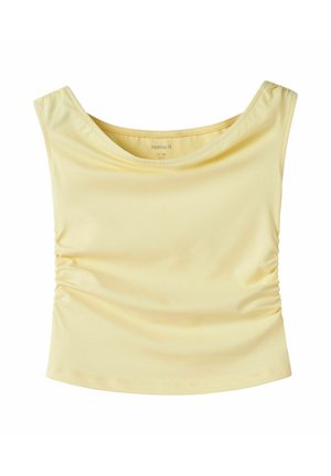 Lichtgeel mouwloos crop top met geplooide zijkanten en een brede boothals, gemaakt van gladde stof.