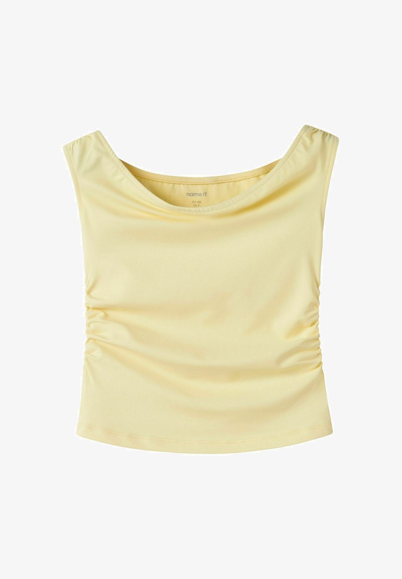 Ανοιχτό κίτρινο crop top χωρίς μανίκια με ραμμένες πτυχές στα πλευρά και φαρδύ boat neck, κατασκευασμένο από λείο ύφασμα.