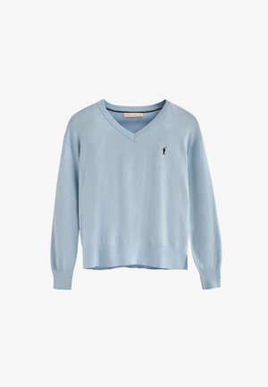 Pull en V bleu clair, texture tricotée, manches longues, avec des poignets et un ourlet côtelés. Présente un petit logo noir de golfeur sur la poitrine.