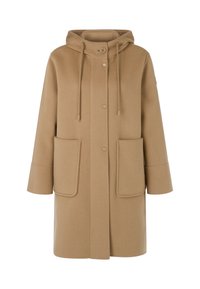 Beige Wollmantel mit Kapuze, Frontknopfverschluss, Kordelzügen und zwei großen aufgesetzten Taschen. Verfügt über weite Ärmel und eine klare Silhouette.