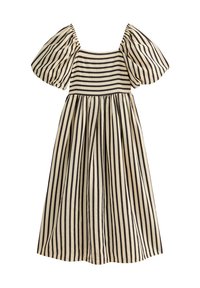 Vestido midi a rayas en beige y negro, con mangas abullonadas, escote cuadrado y falda acampanada de tejido texturizado.
