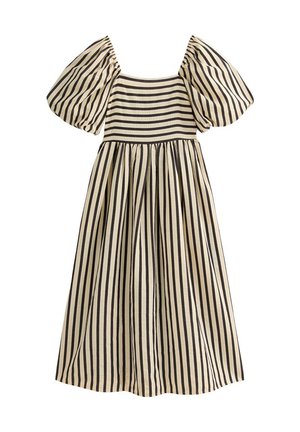 Gestreiftes Midikleid in Beige und Schwarz, mit Puffärmeln, quadratischem Ausschnitt und einem gerafften Rock aus strukturiertem Stoff.