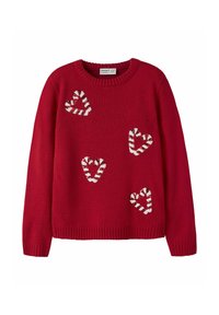 Suéter rojo de punto con cuello y puños acanalados, que presenta apliques en forma de corazón con rayas blancas y rojas tipo bastón de caramelo en la parte delantera.