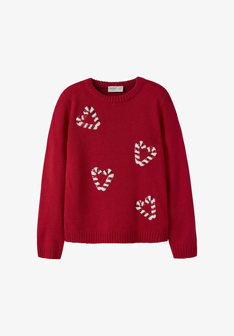 Suéter rojo de punto con cuello y puños acanalados, que presenta apliques en forma de corazón con rayas blancas y rojas tipo bastón de caramelo en la parte delantera.