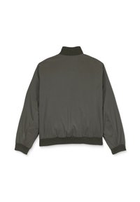 Veste bomber vert foncé avec col, poignets et ceinture côtelés, vue de dos sur fond blanc.