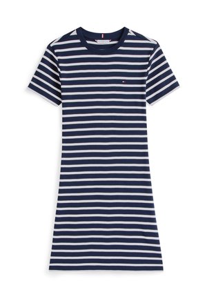 Vestido de manga corta a rayas en azul marino y blanco con escote de barco. Confeccionado en una tela suave, presenta un pequeño logo en el pecho.